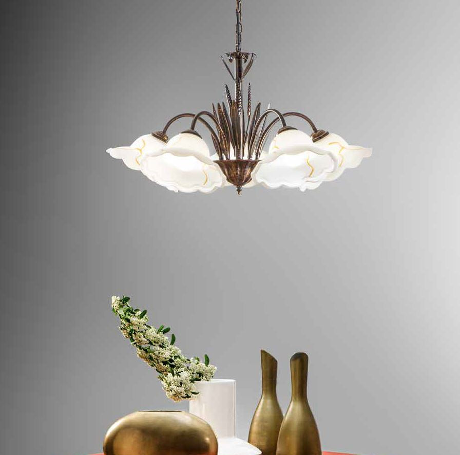 Sospensione 5 luci in metallo ruggine decorato a mano diffusore fiore in vetro 5XE27 non incl. BYRON Sospensione 5 luci in metallo ruggine decorato a mano diffusore fiore in vetro 5XE27 non incl. BYRON